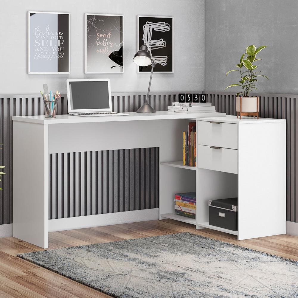 Mesa de Escritório Escrivaninha Com Tampo Giratório Para Computador Home Office 2 Gavetas Branca
