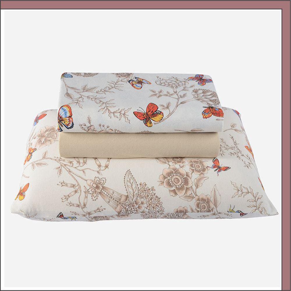 Jogo de Cama Lençol em Malha Solteiro Borboleta 3 Peças - Bege