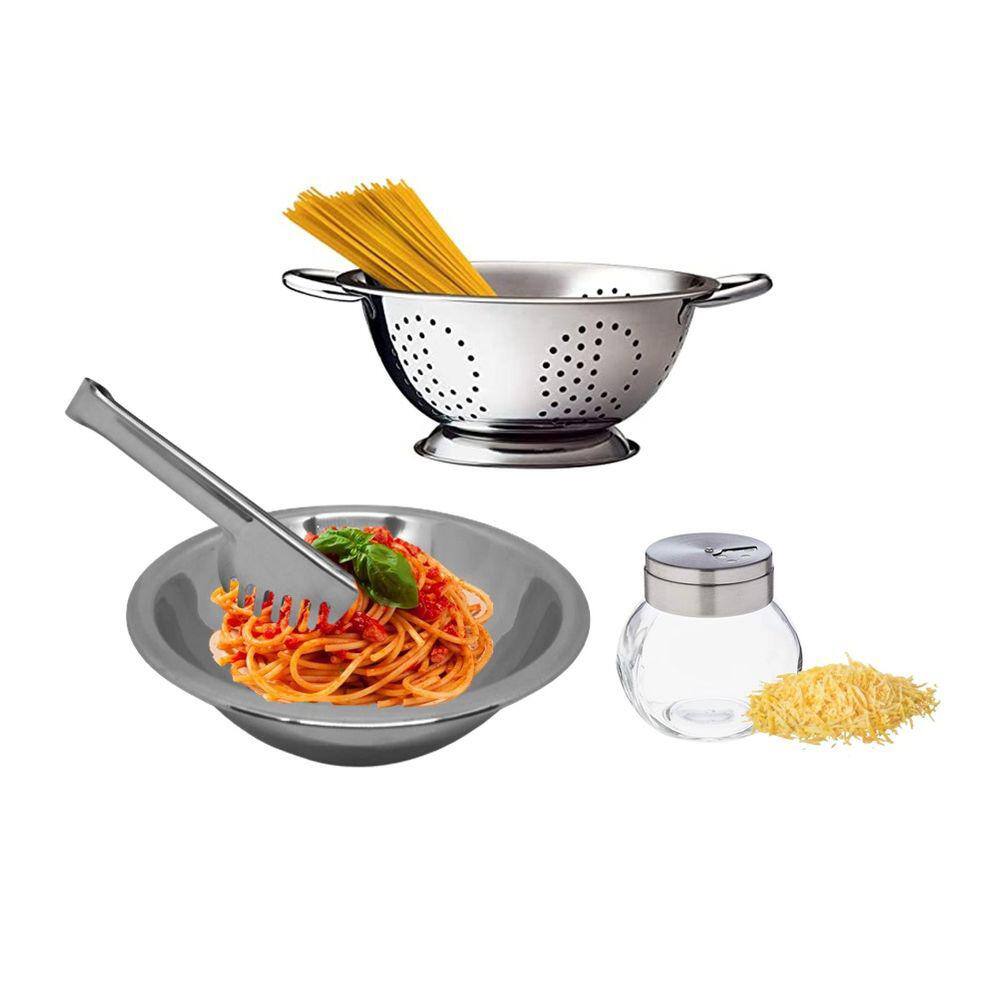 Conjunto para Massas Aço Inox Prime 4 Peças Escorredor Macarrão, Bowl, Pegador e Queijeira - Mundial Import