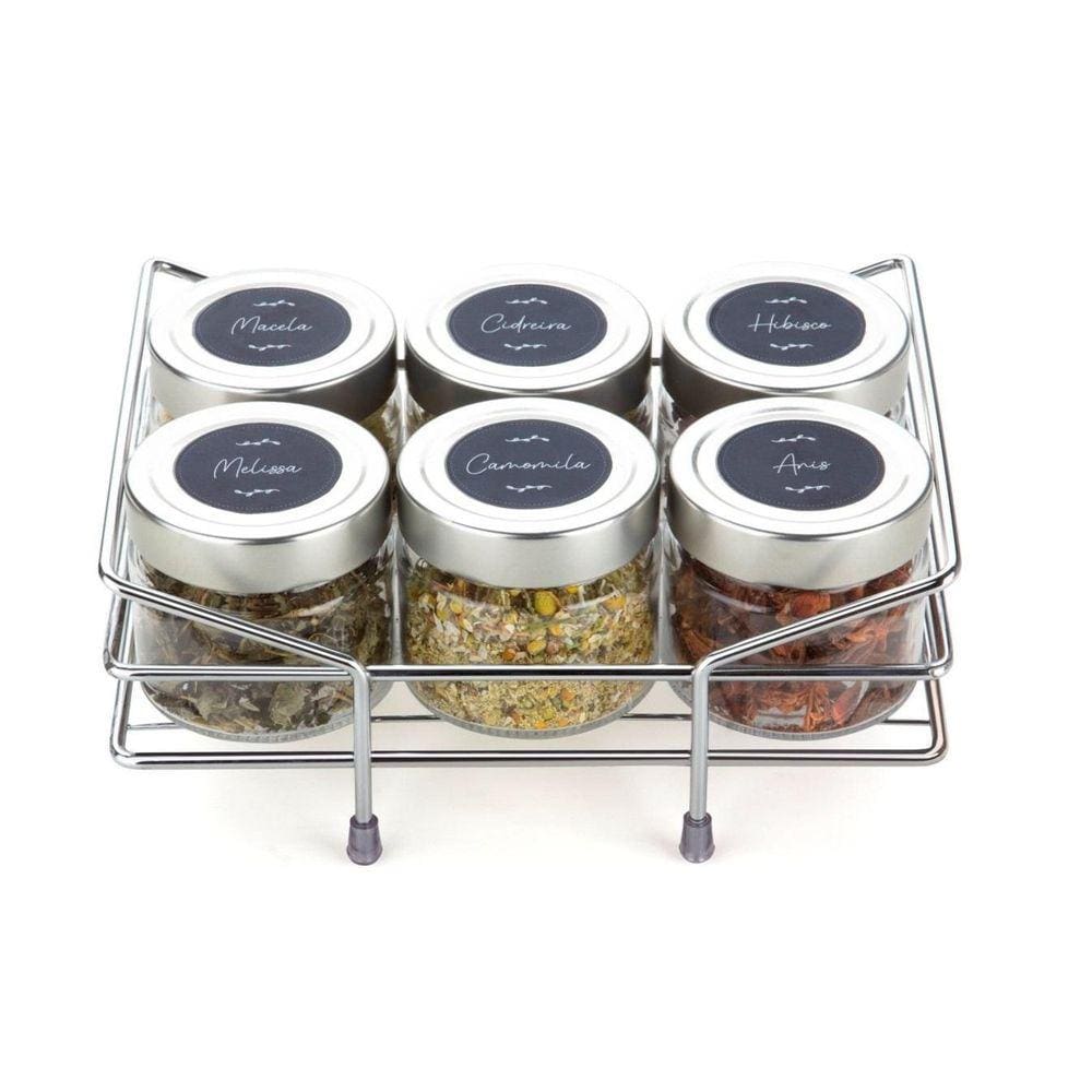 Suporte Porta Condimentos Para Chá 6 Vidros Com Tampa Forma
