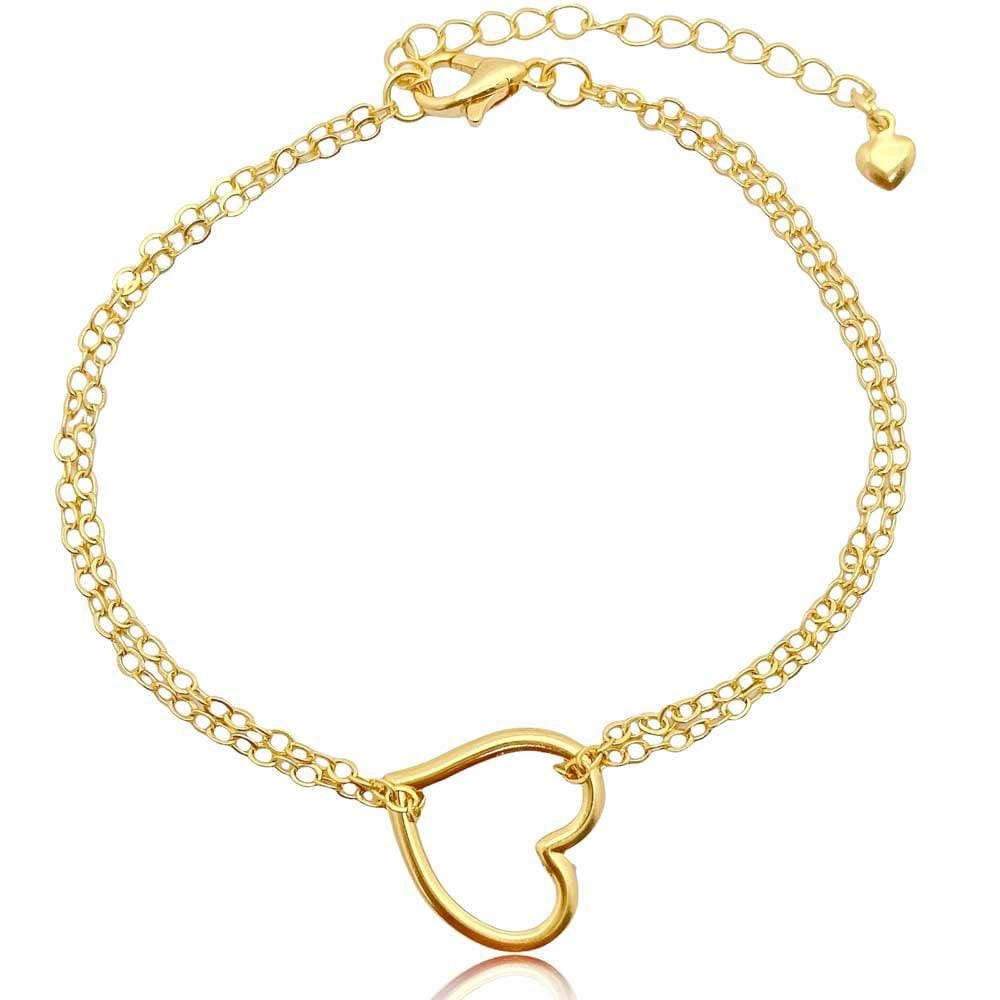Pulseira Corrente Dupla e Coração Vazado Folheada a Ouro 18k Semijoia