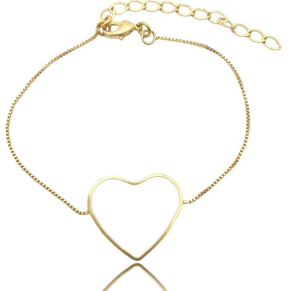 Pulseira Coração Vazado e Corrente Veneziana Lisa Folheada a Ouro 18k Semijoia