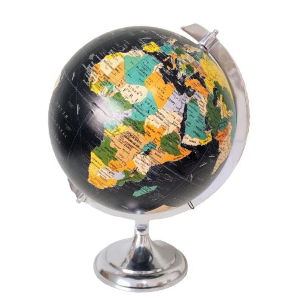 Globo Terrestre Decorativo Preto Prata 42X33Cm Decoração