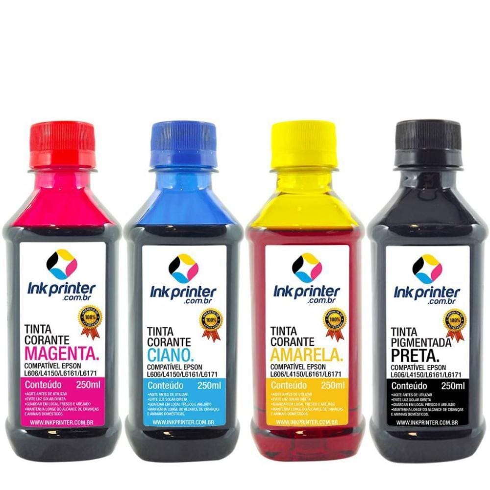 Refil de Tinta Compatível InkPrinter para Impressoras Epson L606, L4150, L4160, L6161, L6171 (4x250ml)