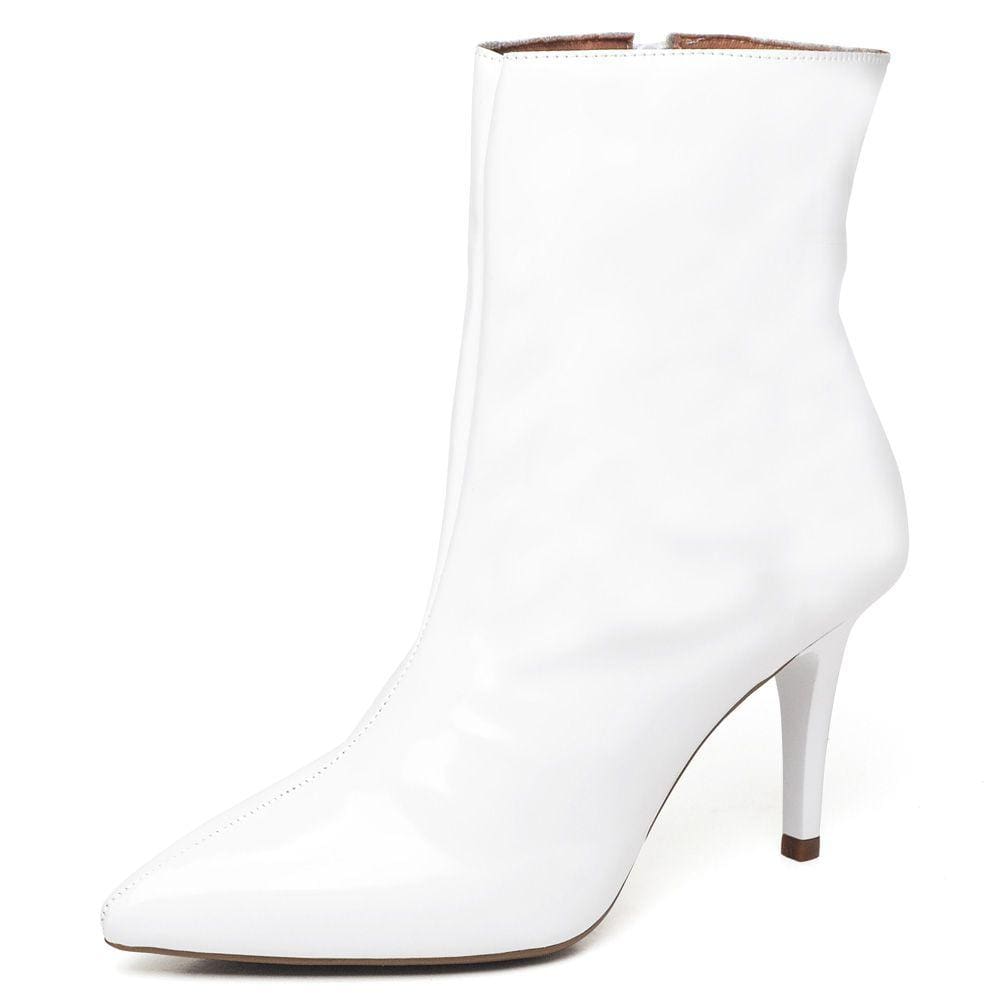Bota Casual Bico Fino Ellas Online em Verniz com Ziper e Salto Medio Fino