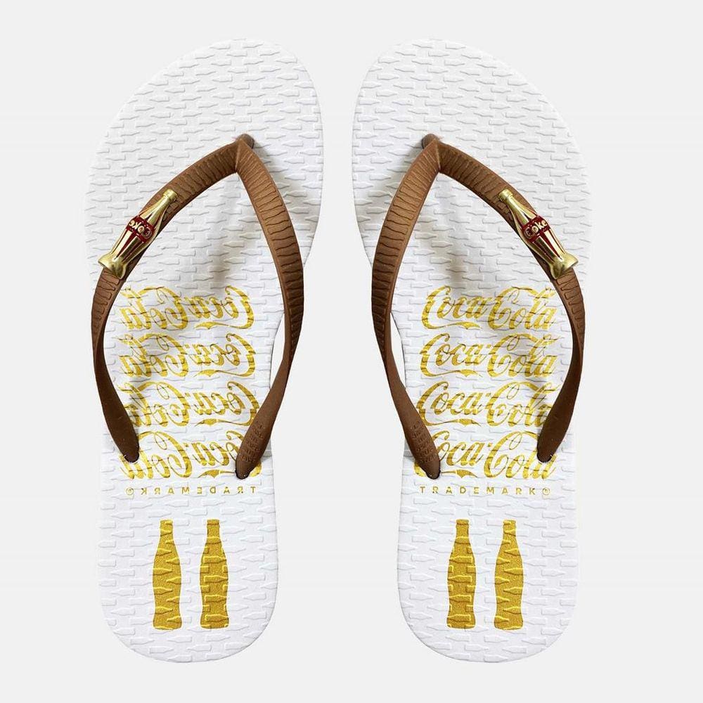 Chinelo Coca Cola Metallic Bottle Feminino Branco e Cobre