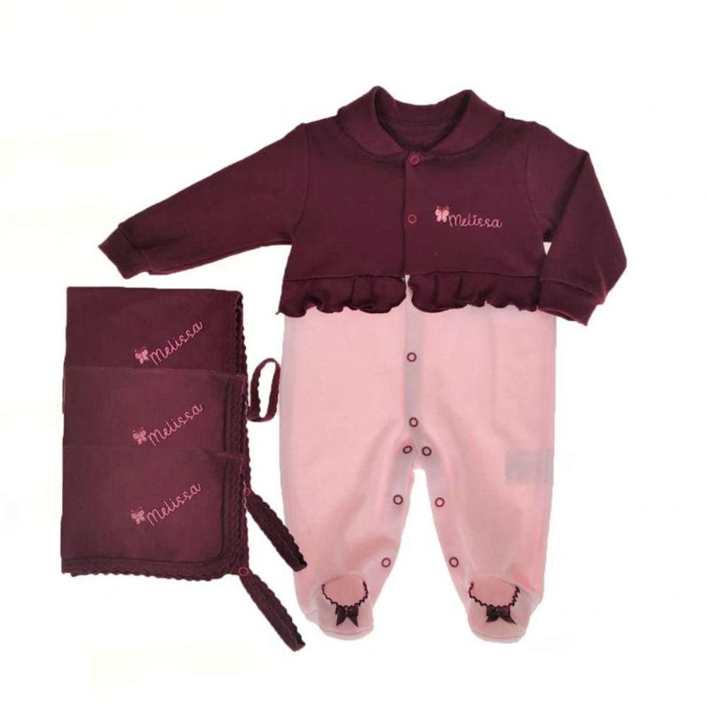Kit 3 panos de boca + macacão longo rosa e marsala personalizado