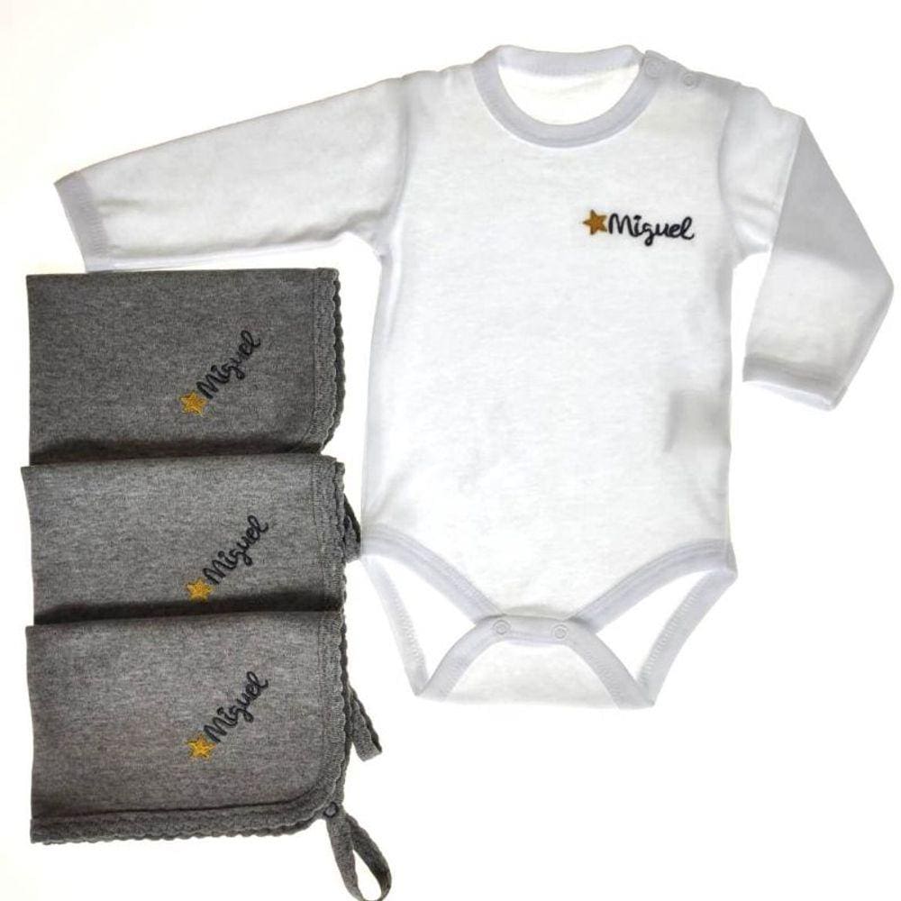 Kit 3 panos de boca mescla escuro + body longo branco personalizado