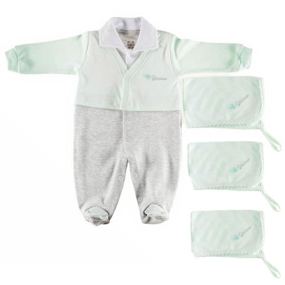 Kit macacão longo com 3 panos de boca verde mescla e branco personalizado