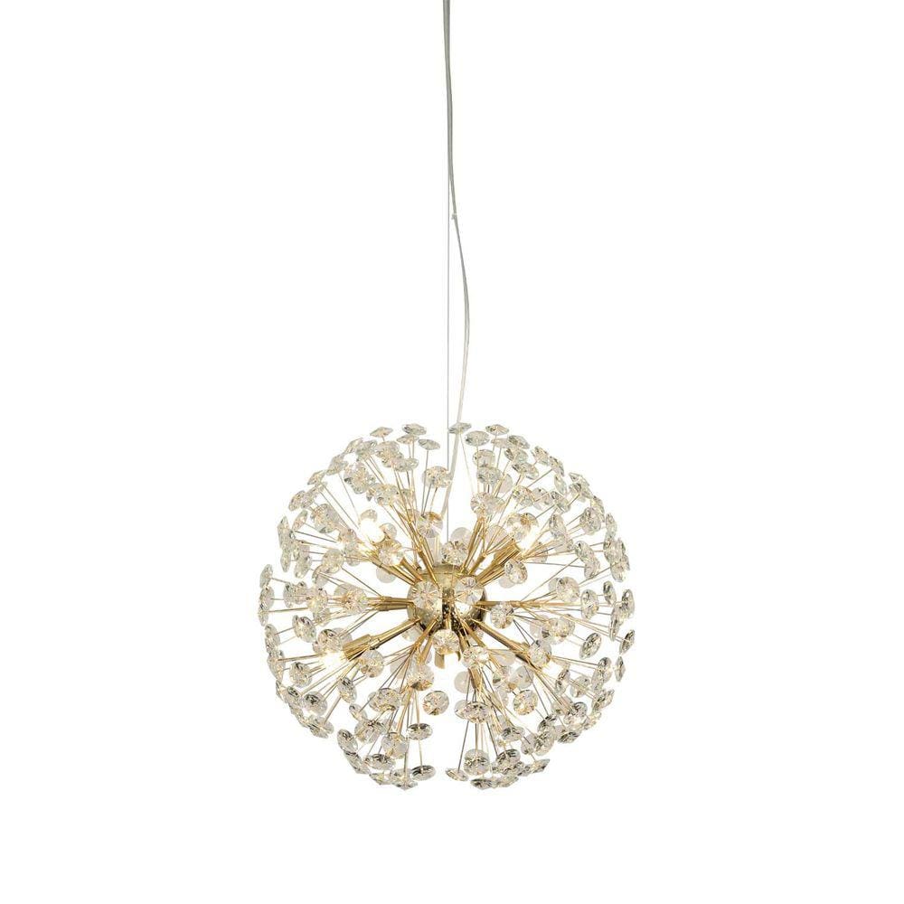 Lustre Pendente Dente de Leão Dourado Redondo Cristais 16E14 70cm