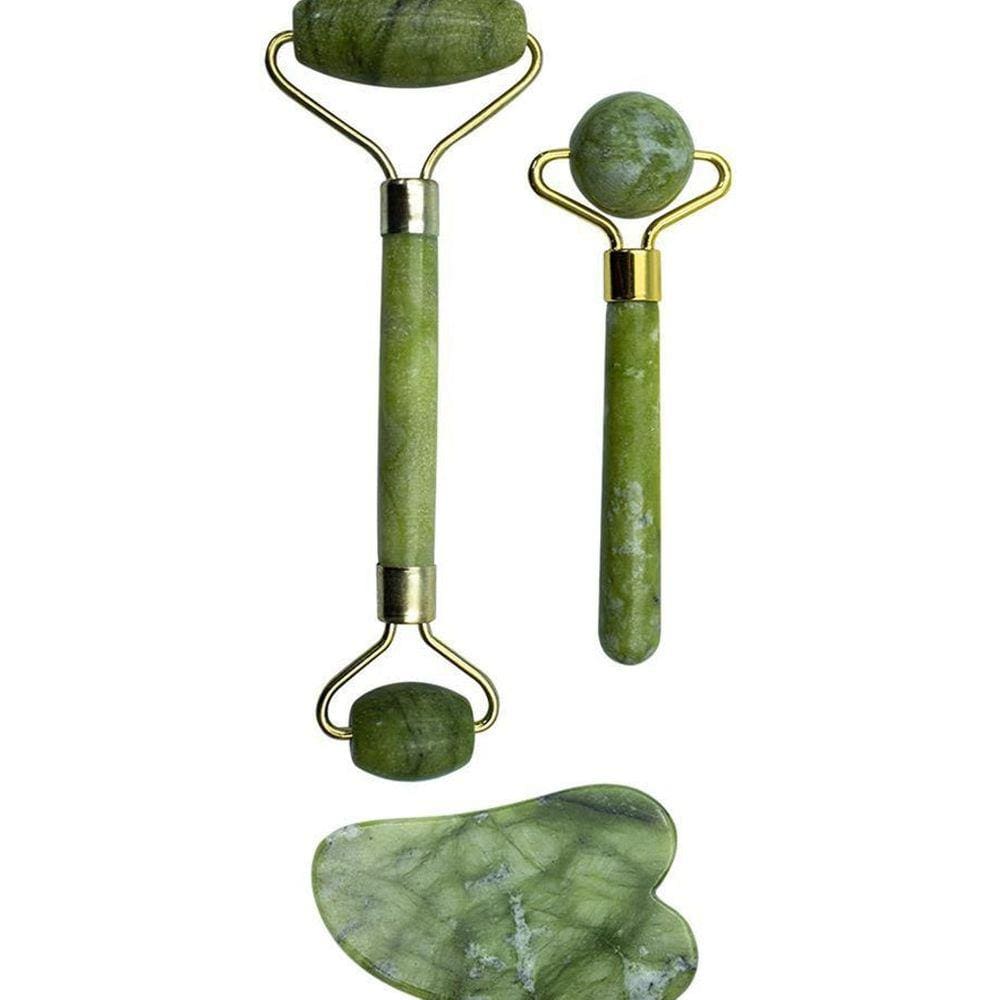 Kit Rolo E Mini Rolo Massageador Facial + Pedra Jade Gua Sha
