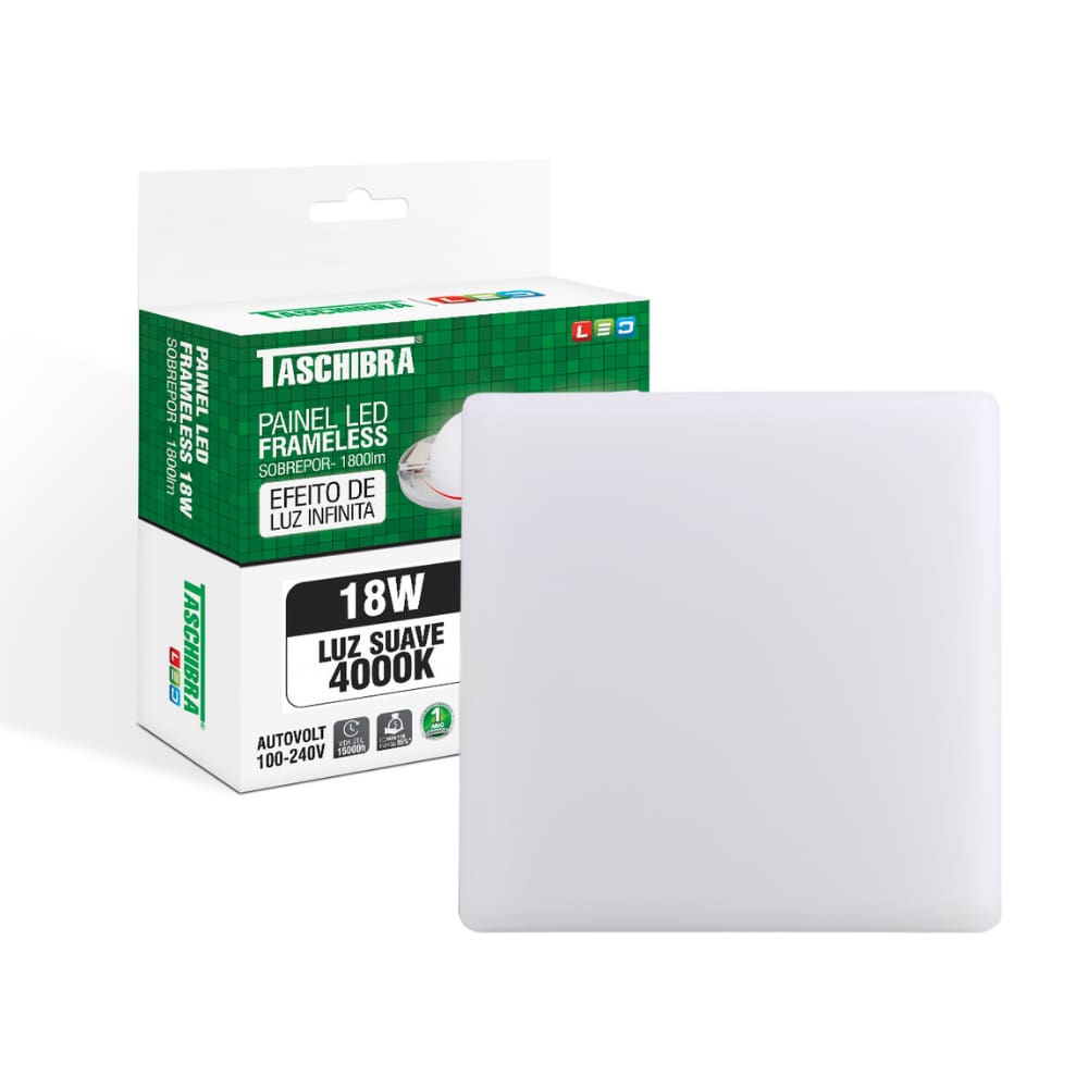 Painel de Led Taschibra Frameless Quadrado Sobrepor 18W Bivolt 4000K Neutro Suave