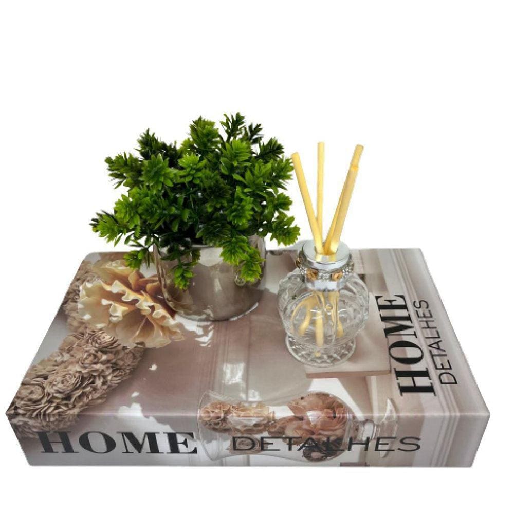 Livro decorativo + vaso prata de cerâmica + difusor de vidro