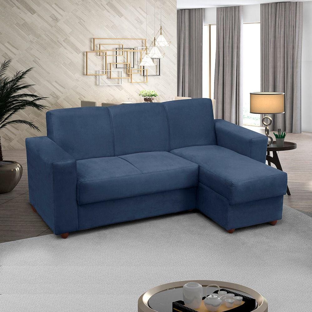Sofá 3 lugares com Chaise LD Bia Suede Azul Madelina Decor