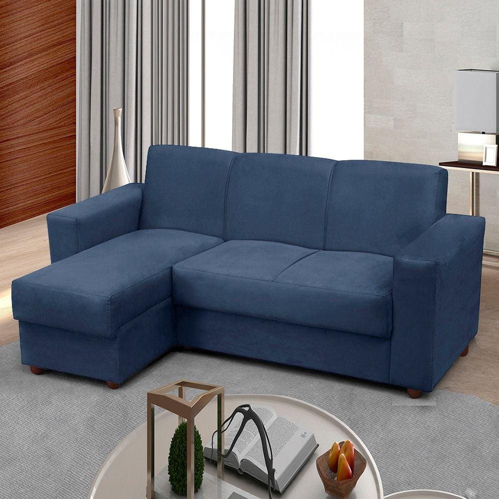 Sofá 3 lugares com Chaise Bia Esquerdo Suede Azul Madelina Decor