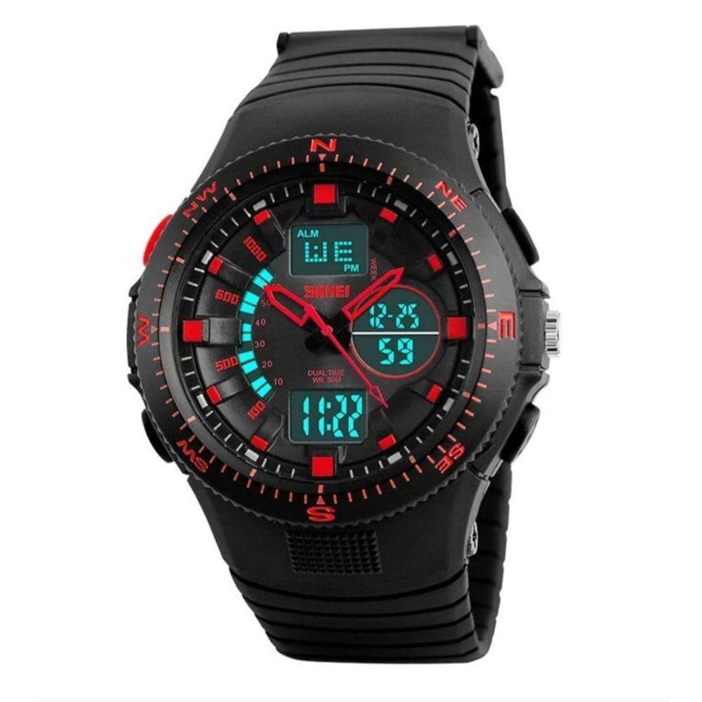 Relógio masculino digital e analógico esportivo preto e vermelho borracha skmei 1198