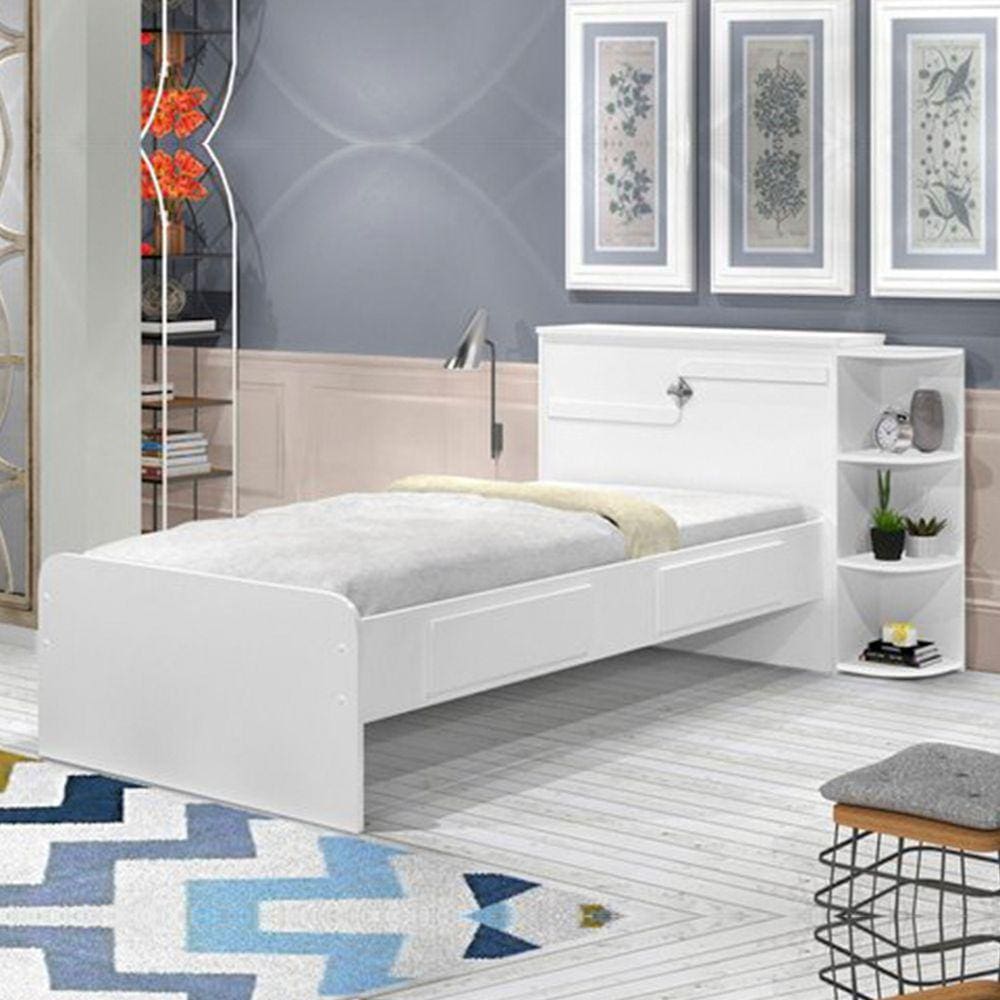 Cama Solteiro Cabeceira Baú 2 Gavetas 3 Nichos Hortencia Branco / Branco Lilás Flex