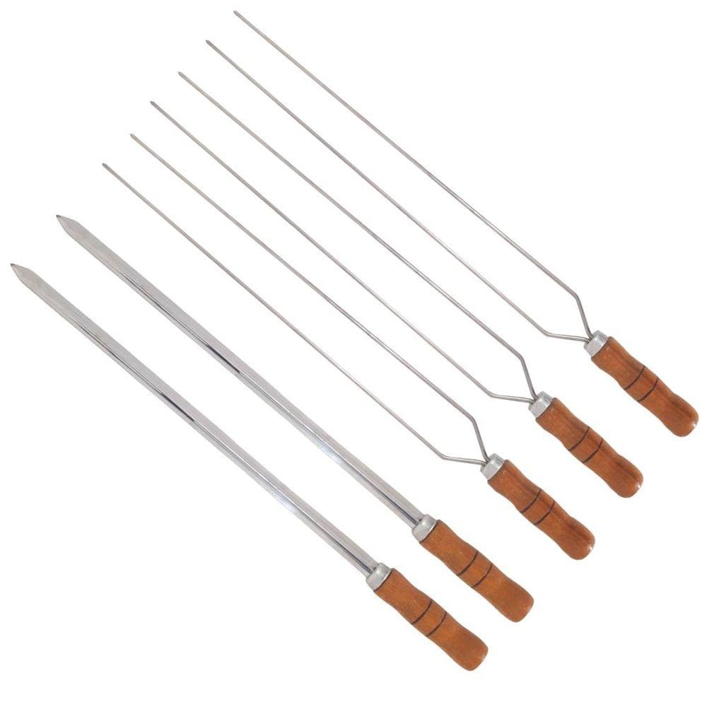 Kit 5 Espetos Inox 60cm Com Cabo De Madeira - Espada E Duplo