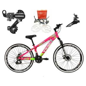 Bicicleta Aro 26 Vikingx Tuff 21v Alumínio Câmbios Shimano Freio a Disco Hidráulicos Aros Vmaxx Pretos - Rosa/Verde