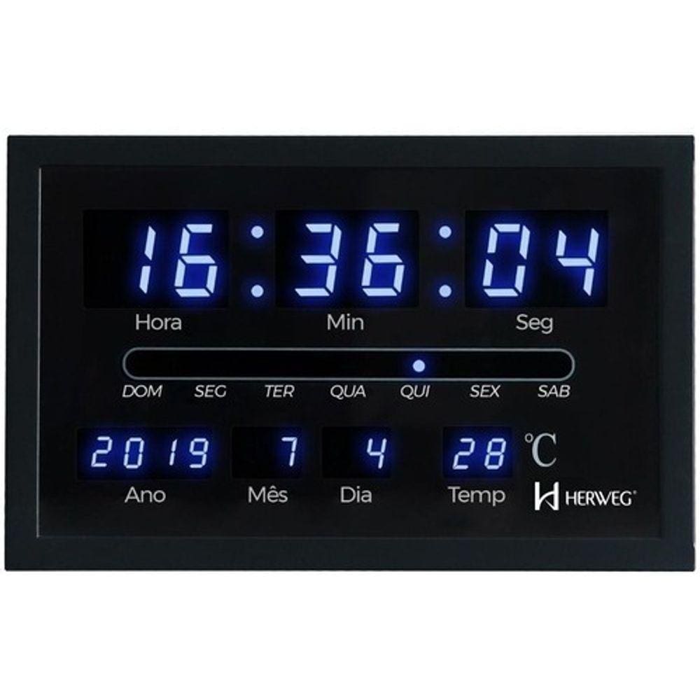 Relógio De Parede Digital Led Azul Herweg 6490 Bivolts
