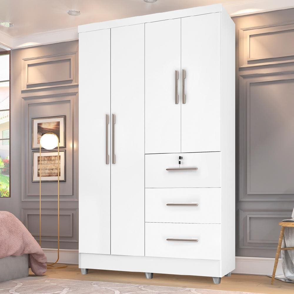 Guarda Roupas Solteiro 4 Portas 3 Gavetas Tokio Branco / Branco Lilás Flex