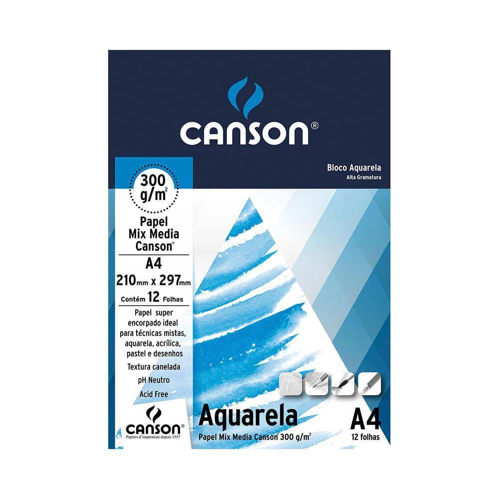 Bloco Artístico A4 Canson Aquarela Universitário 300g com 12 Folhas