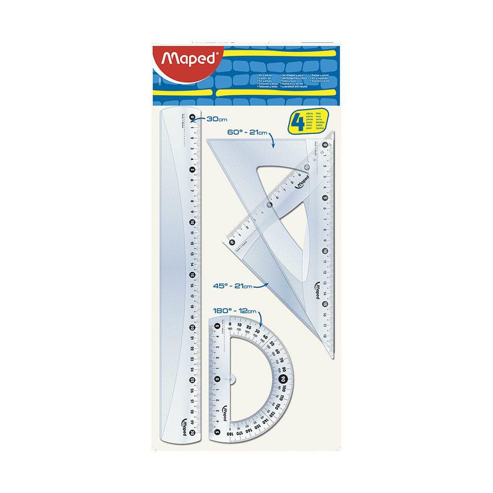 Kit Escolar Geométrico Maped com 1 Régua 30cm, 2 Esquadros e 1 Transferidor 180° Cristal