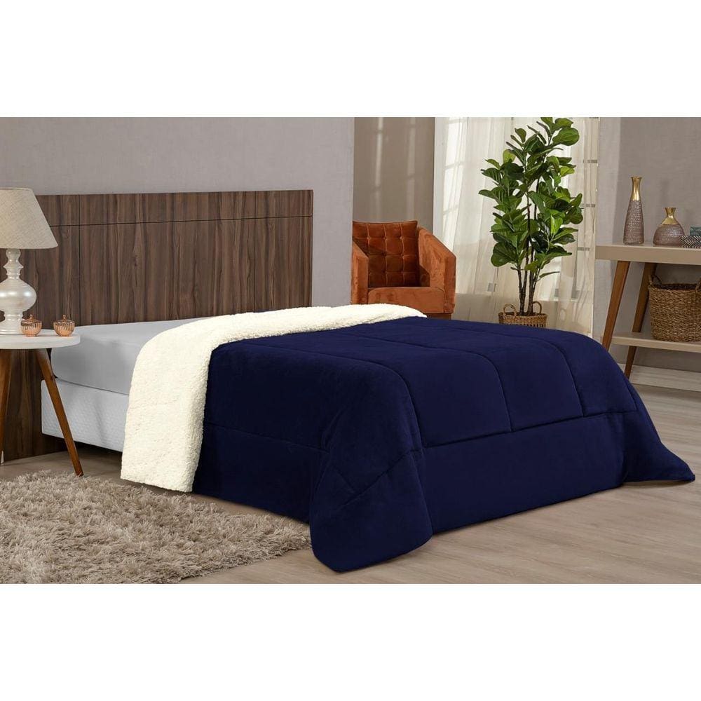 Coberta Casal Queen Com Sherpa Para Inverno Manta Azul
