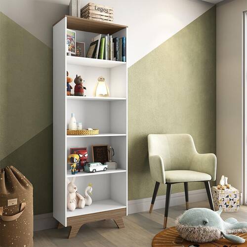 imagem-Estante Prateleira Alta Organizadora Retrô Bebê Infantil Em MDF 4 Prateleiras Quarto Branco e Marrom
