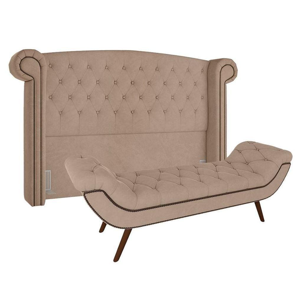 Cabeceira Cama Box Casal King 195cm Provença Com Calçadeira Vêneto P02 Veludo Bege