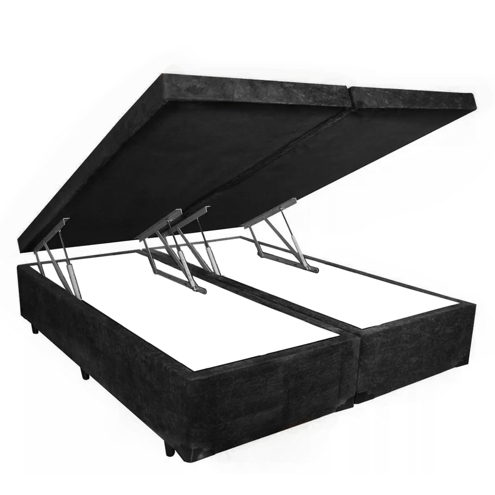 Cama Box Baú Queen Luxo Suede Preto Bipartido Com Pistão A Gás - 158x198x41