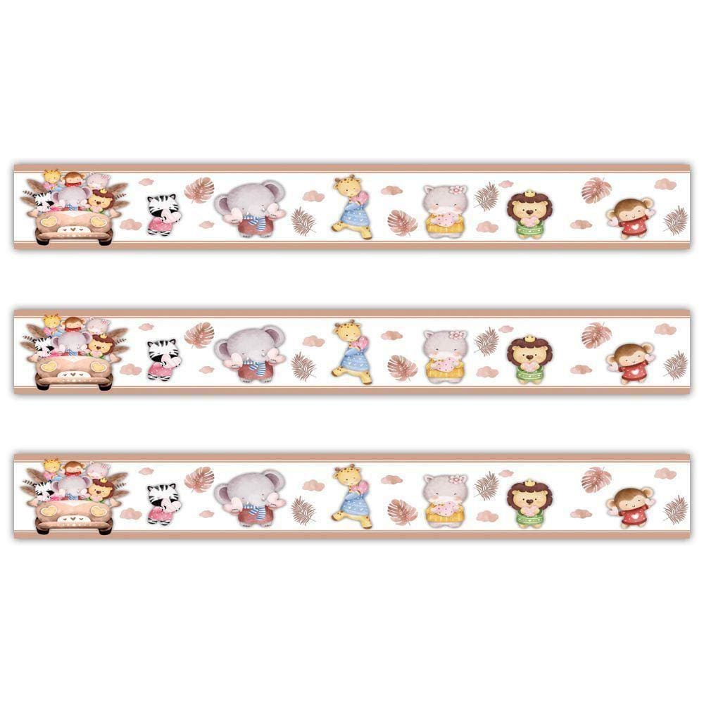 Kit 3 Faixas Decorativas Papel Parede Infantil Animais Carro Titulo Marrom
