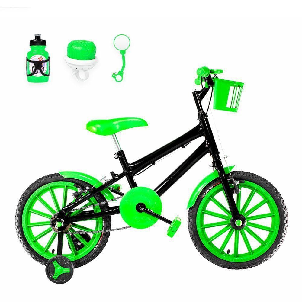 Bicicleta Infantil Masculina Aro 16 Nylon + Kit Passeio Preta e Verde