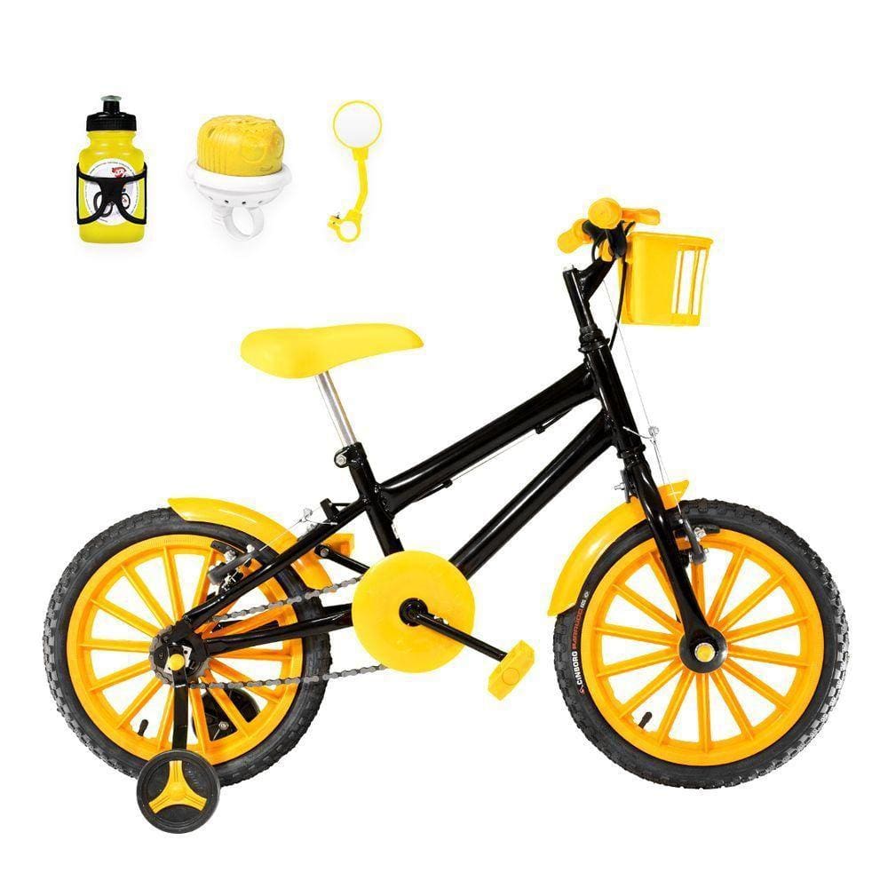Bicicleta Infantil Masculina Aro 16 Nylon + Kit Passeio Preta e Amarela
