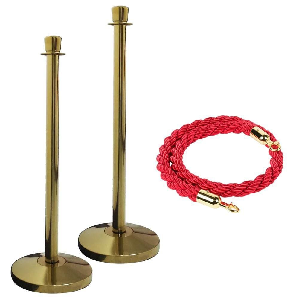 2 x Pedestal Separador Organizador de Fila Dourado + 1 Cordão Trançado Vermelho Estilo Hotelaria