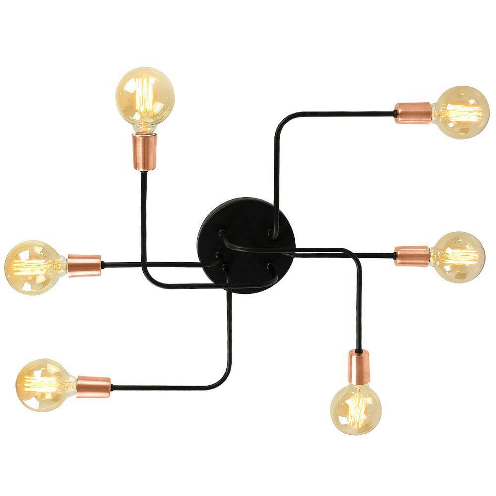 Lustre Plafon Hashtag Preto Com Cobre De 6 Braços