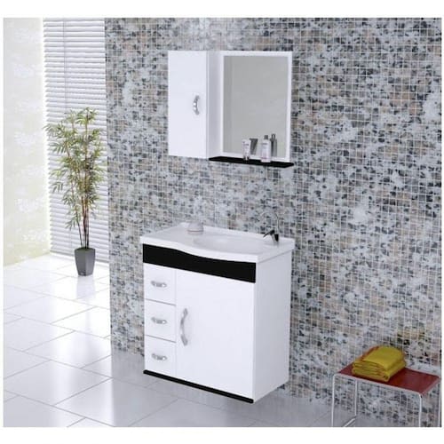 Conjunto Verona 1 Porta E 3 Gavetas Com Espelho E Pia Rorato Branco Com Preto Menor preço em Conjunto Verona 1 Porta E 3 Gavetas Com Espelho E Pia Rorato Branco Com Preto