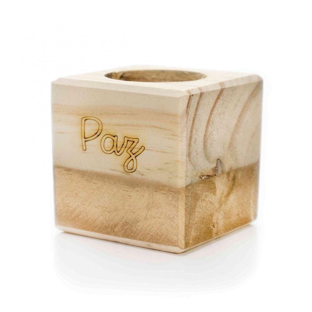 Porta Vela Quadrado De Natal Paz Em Madeira E Dourado 7Cm