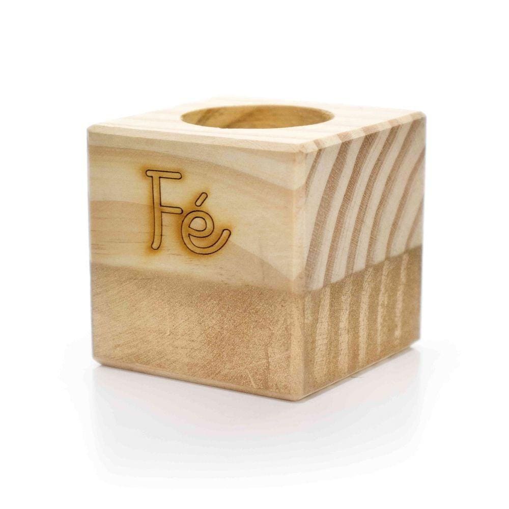 Porta Vela Quadrado Natal Fé Madeira E Dourado 7Cm