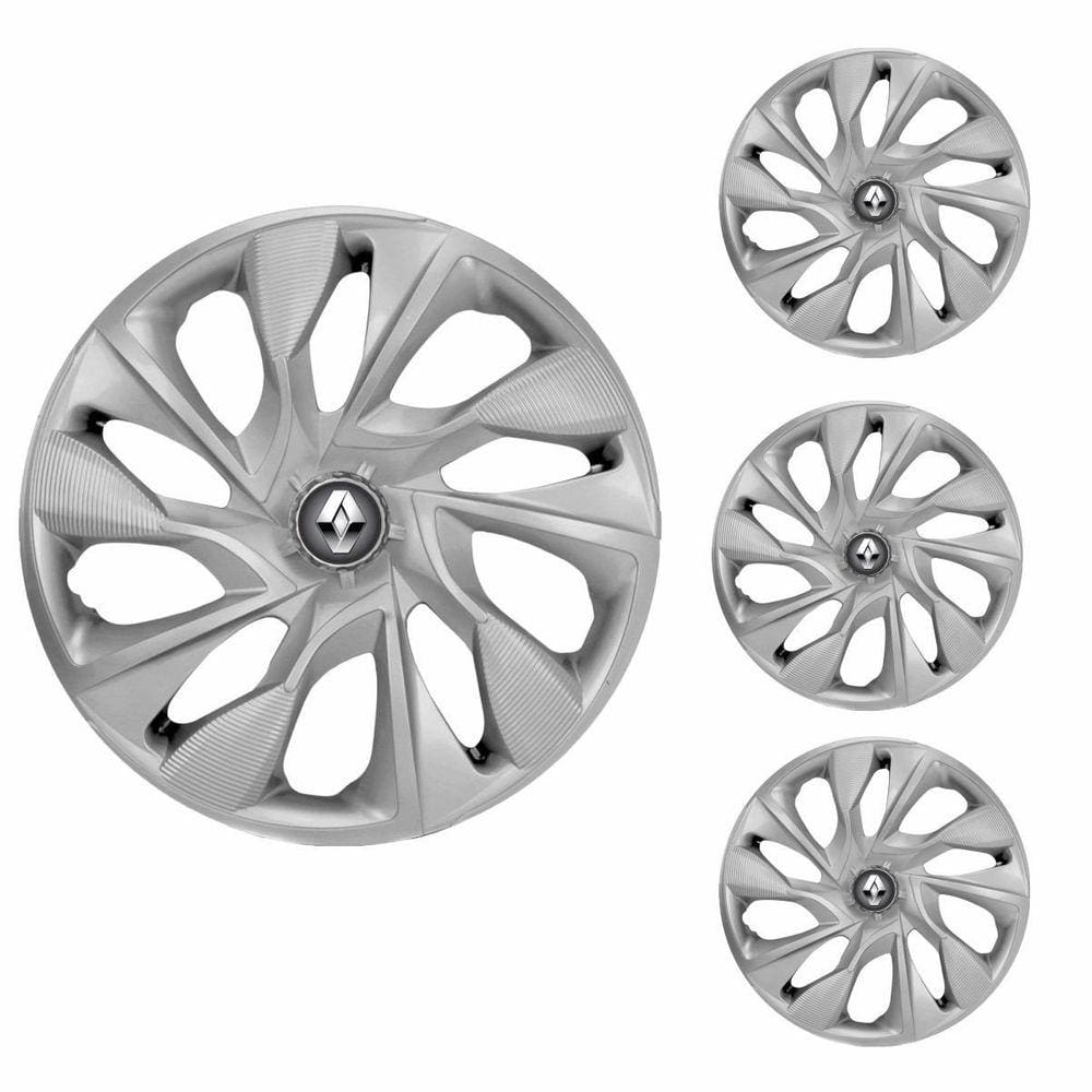 Jogo Calota Aro 14 DS4 Silver Elitte Prata + Emblema Resinado Renault (Sandero Logan Clio Scenic Megane)