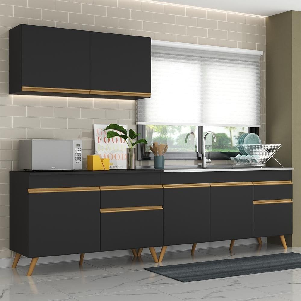 Cozinha Compacta Veneza GB Multimóveis MP2076 com Armário e Balcão Preta