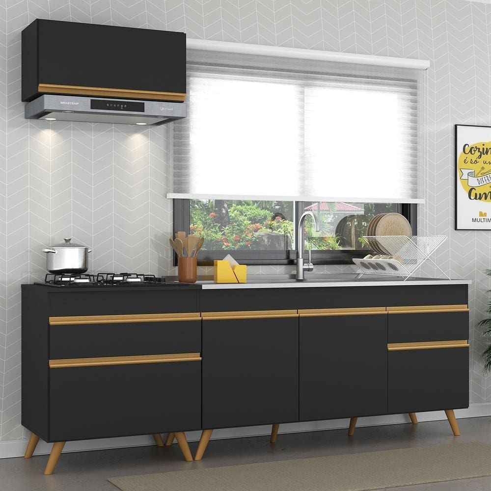 Cozinha Compacta Veneza GB Multimóveis MP2074 com Armário e Balcão Preta