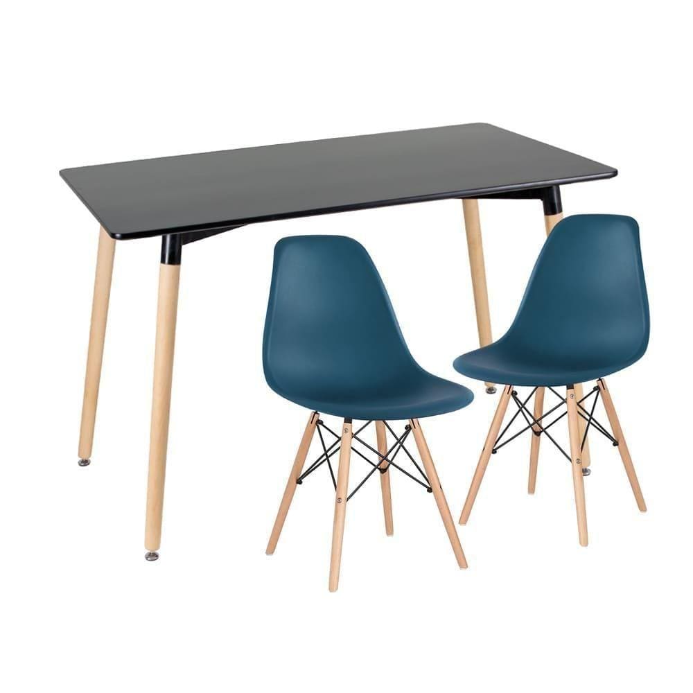 Kit - Mesa De Jantar Retangular Eames 60 X 120 Cm Preto + 2 Cadeiras Eiffel Dsw Azul Petróleo