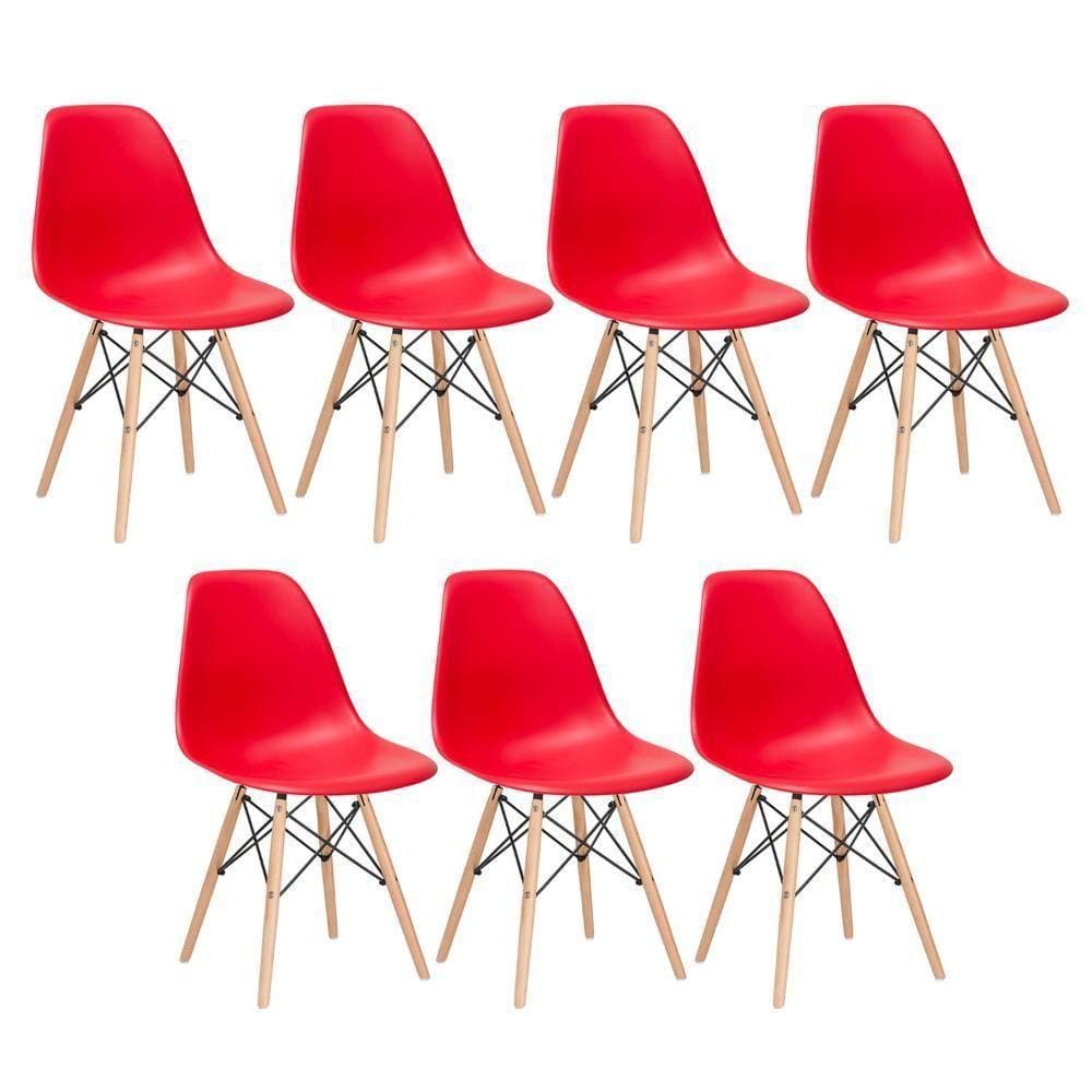 Kit 7 Cadeiras Charles Eames Eiffel Dsw Com Pés De Madeira Clara Vermelho