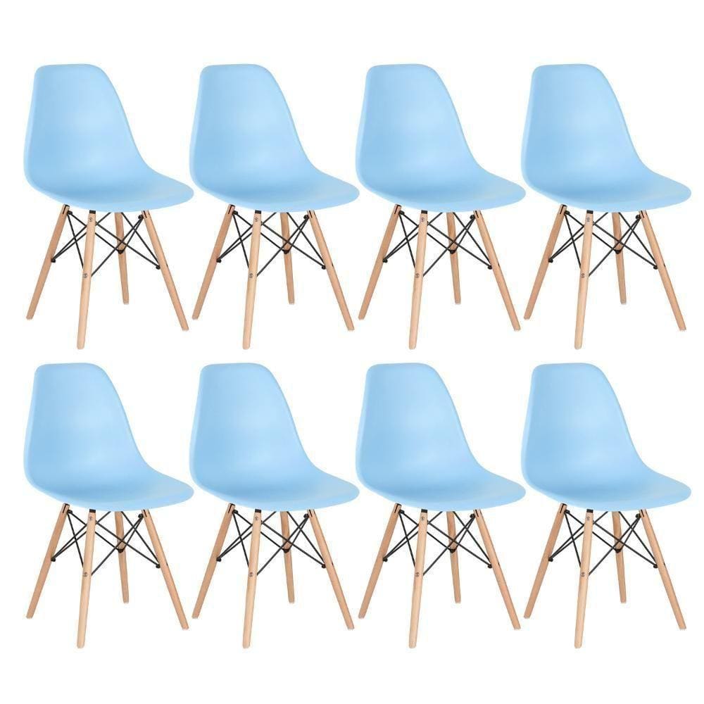 Kit 8 Cadeiras Charles Eames Eiffel Dsw Com Pés De Madeira Clara Azul Claro