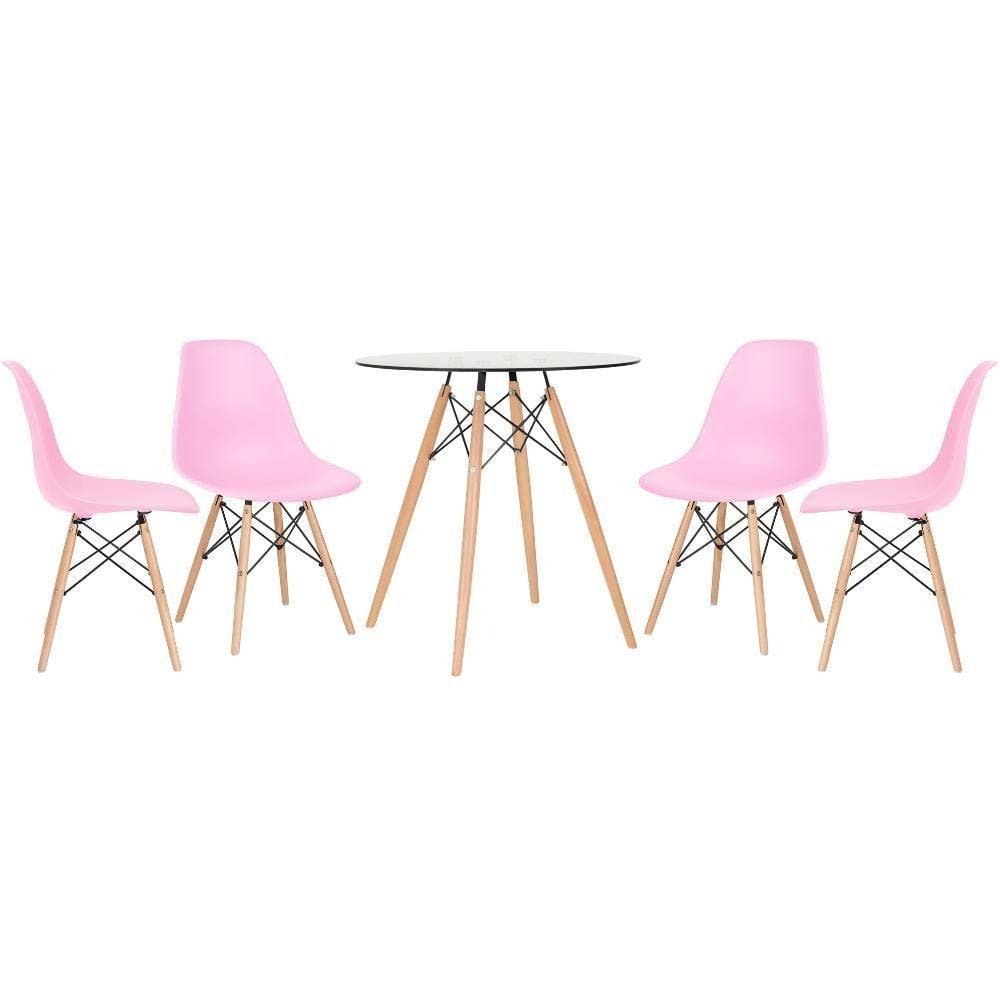 Mesa Redonda Eames Com Tampo De Vidro 70 Cm + 4 Cadeiras Eiffel Dsw Rosa Claro
