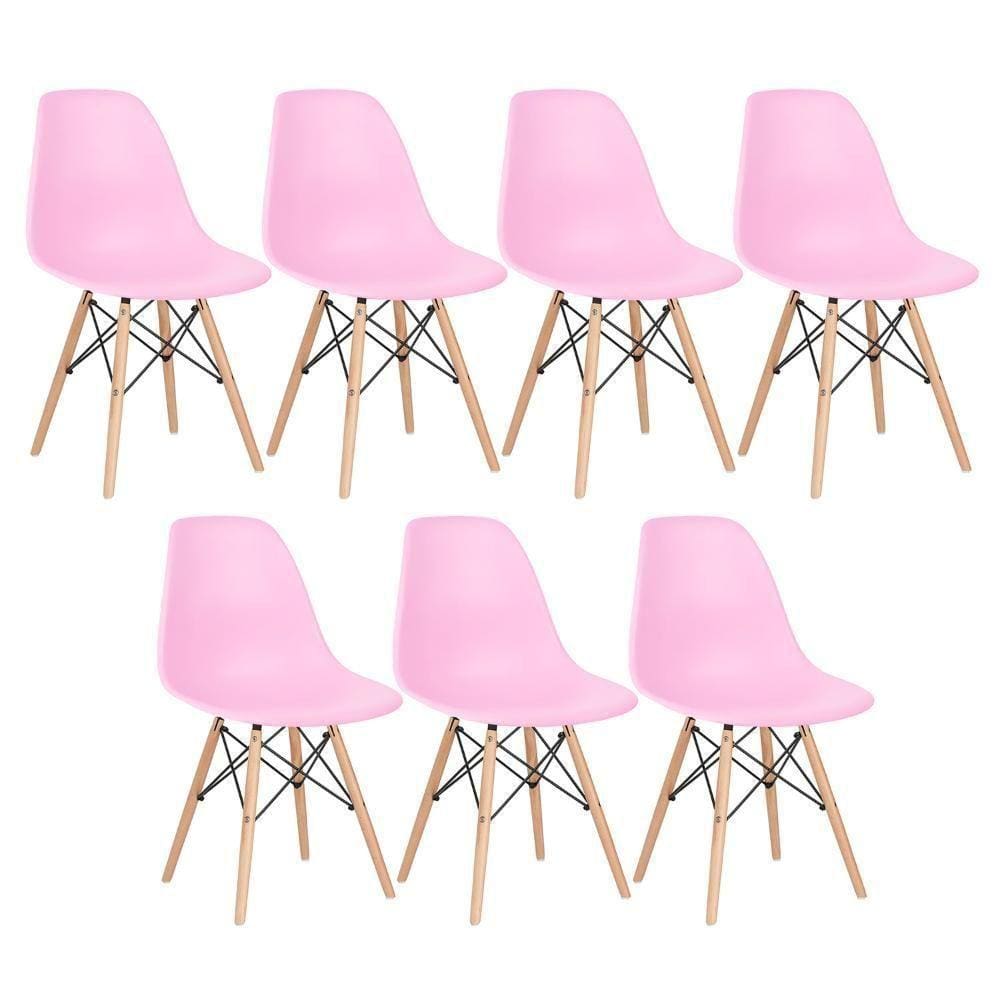 Kit 7 Cadeiras Charles Eames Eiffel Dsw Com Pés De Madeira Clara Rosa Claro