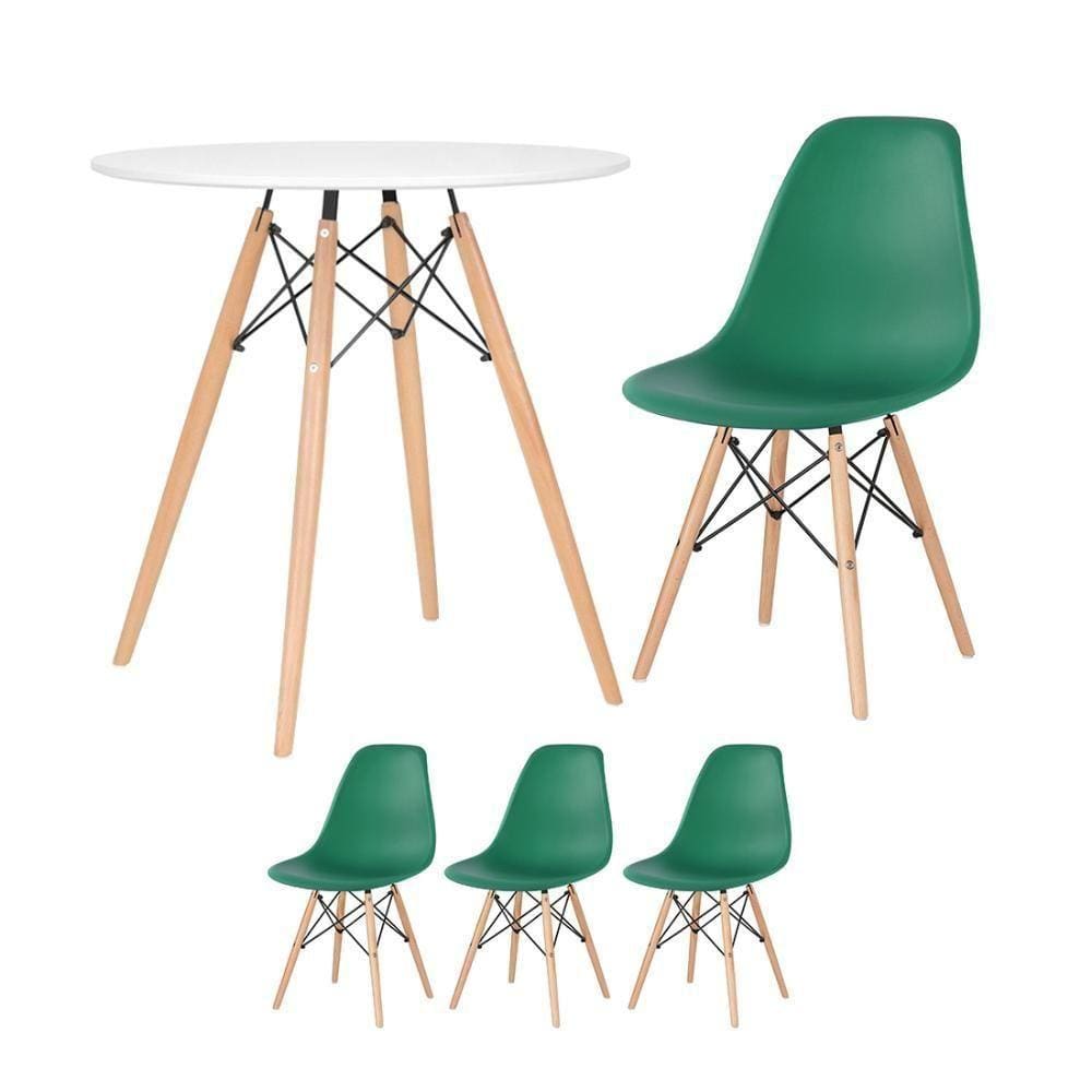 Mesa Redonda Eames 70 Cm Branco + 3 Cadeiras Eiffel Dsw Verde Escuro