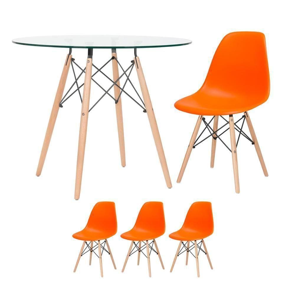Mesa Redonda Eames Com Tampo De Vidro 90 Cm + 3 Cadeiras Eiffel Dsw Laranja