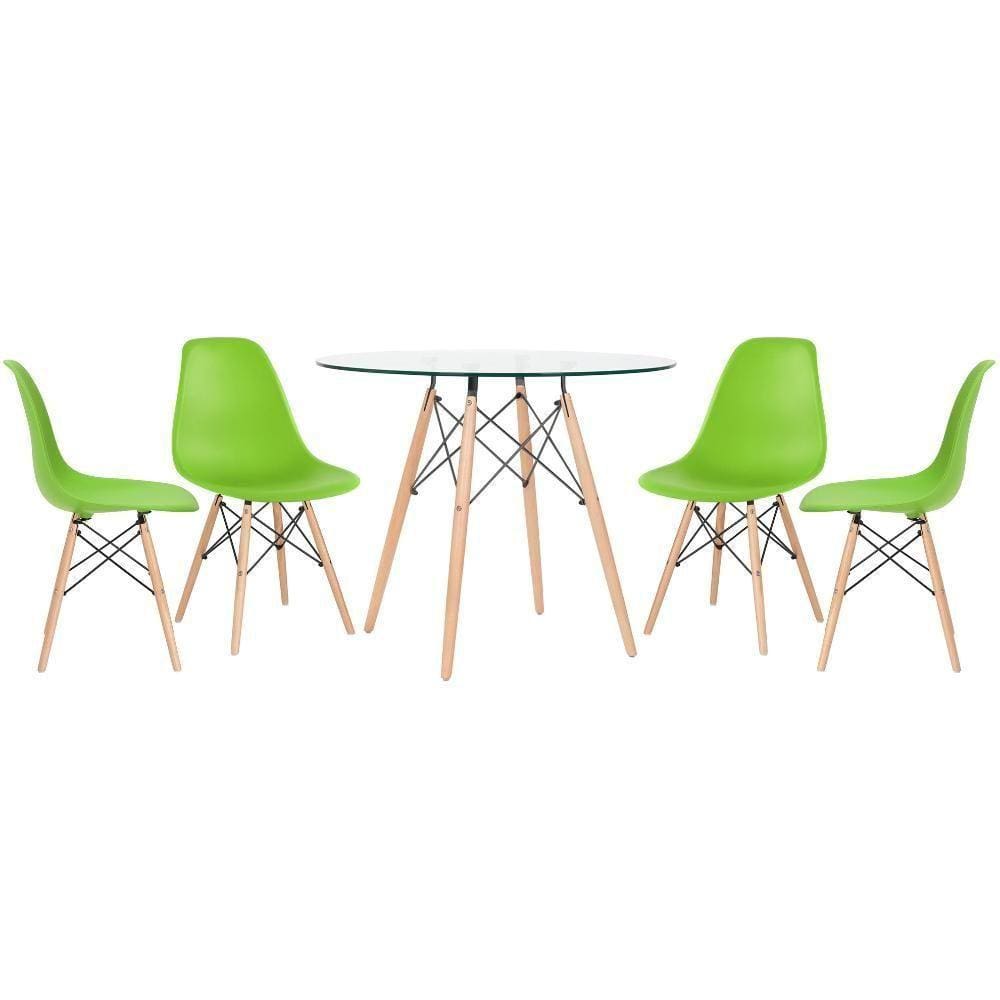 Mesa Redonda Eames Com Tampo De Vidro 90 Cm + 4 Cadeiras Eiffel Dsw Verde Claro